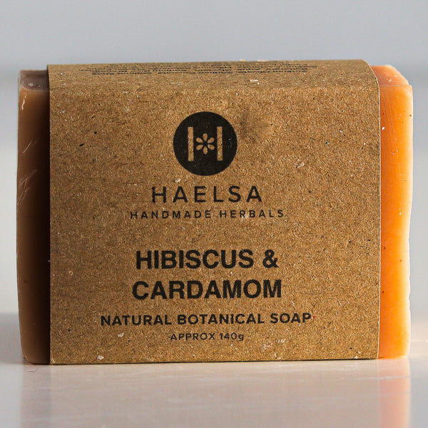 Hibiscus & cardamom soap in wrapper