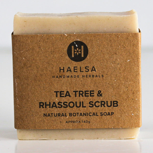 Tea tree & rhassoul scrub soap in wrapper
